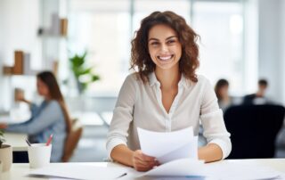 Woman smiling holding papers. 3 Ways to Boost Confidence and Happiness by Moving Your Body