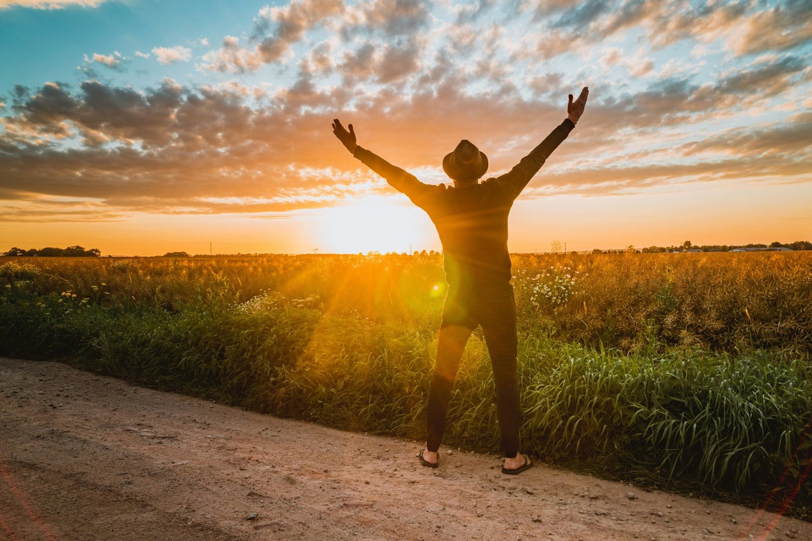 4 Ways to Improve Your Gratitude Attitude image shows a silhouette of a man standing at the edge of a sunlit field with his arms lifted.