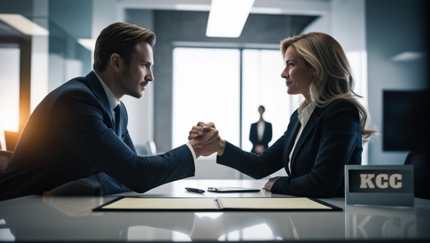 A man and woman sit on opposite sides of a table, hands clasped in the middle as if in a conflict